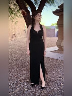 1990’s BB Collections Black Formal Dress Size 10- Rosettes, Sexy Side Slit, Prom